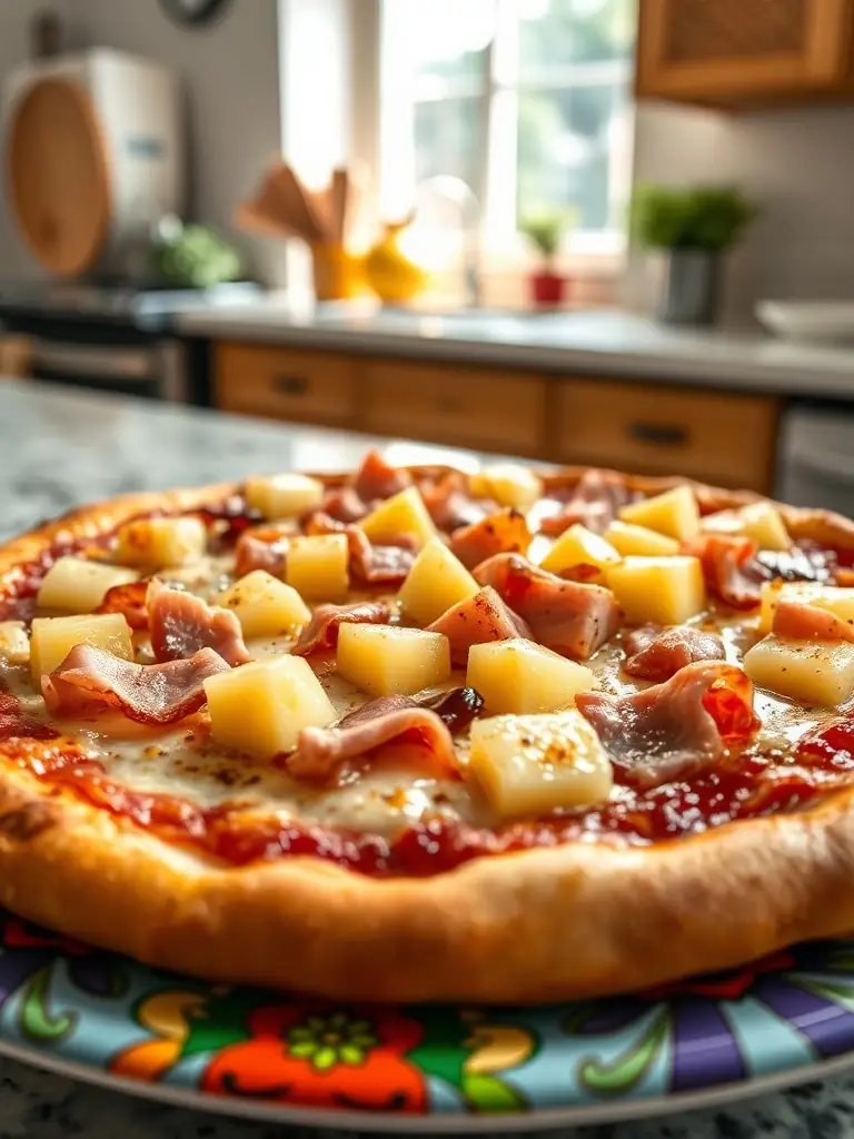 A Hawaiian pizza with ham and pineapple chunks, showcasing its sweet and savory flavor combination.