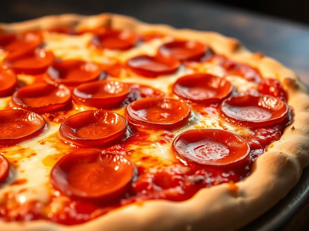 A close-up shot of a Pizza 73 'Canadian' pizza, showcasing its pepperoni, mushroom, and bacon toppings with melted mozzarella cheese on a crispy crust.