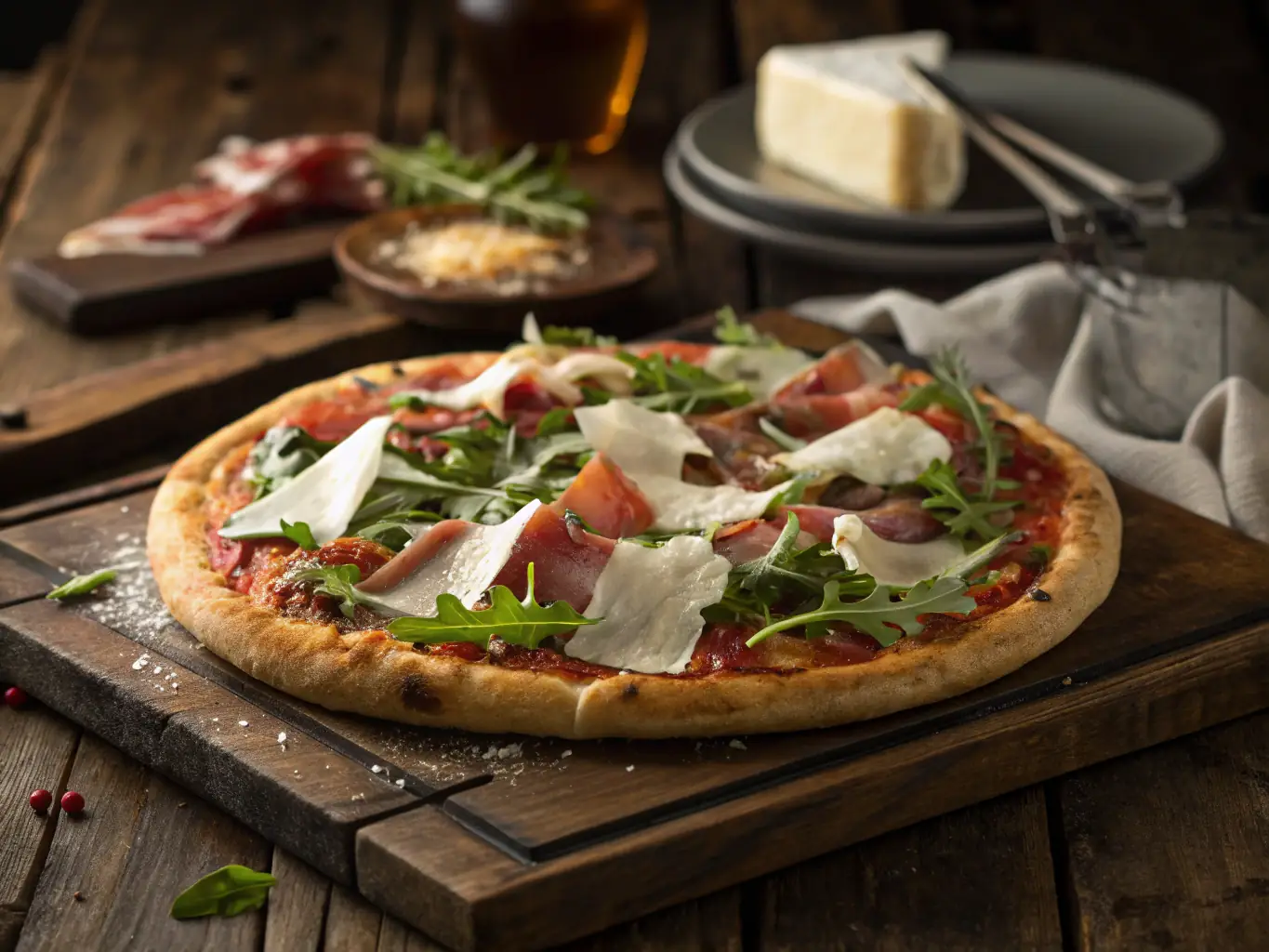 A beautifully arranged gourmet pizza with artisanal toppings such as prosciutto, arugula, and truffle oil, highlighting its sophisticated flavors and premium ingredients.