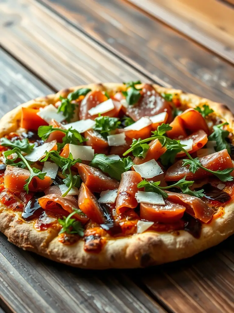 A gourmet pizza with prosciutto, arugula, and a balsamic glaze drizzle, highlighting its premium ingredients and sophisticated flavor.