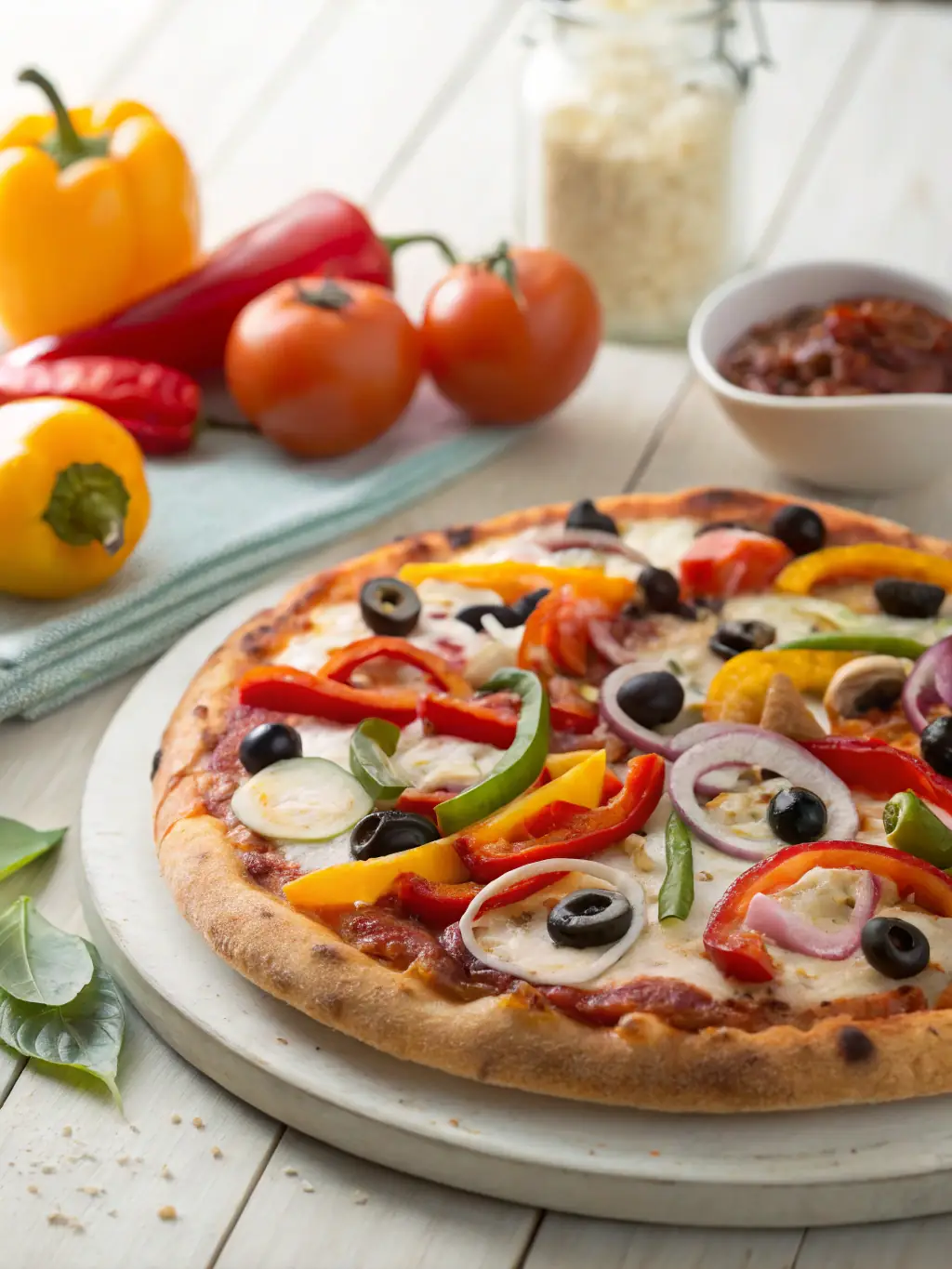 An appetizing image of a 'Veggie Supreme' pizza from Pizza 73, displaying a colorful assortment of fresh vegetables, including bell peppers, mushrooms, onions, and olives.