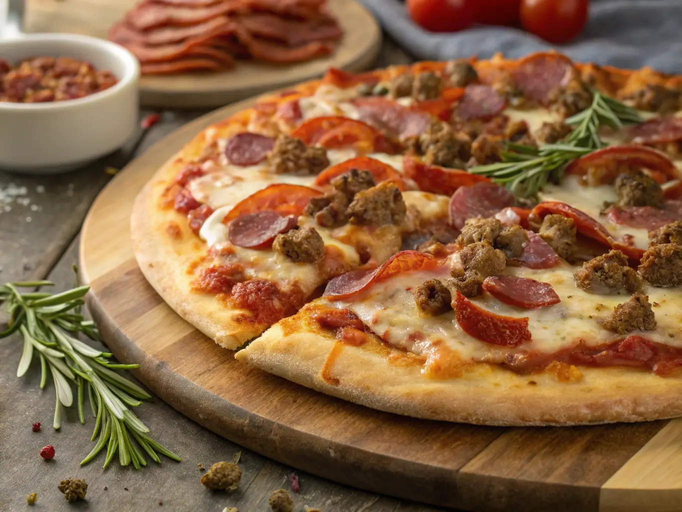 A close-up shot of various meat toppings, including pepperoni, sausage, bacon, and ham, displayed in an appetizing manner, ready to be added to pizzas at Pizza 73.