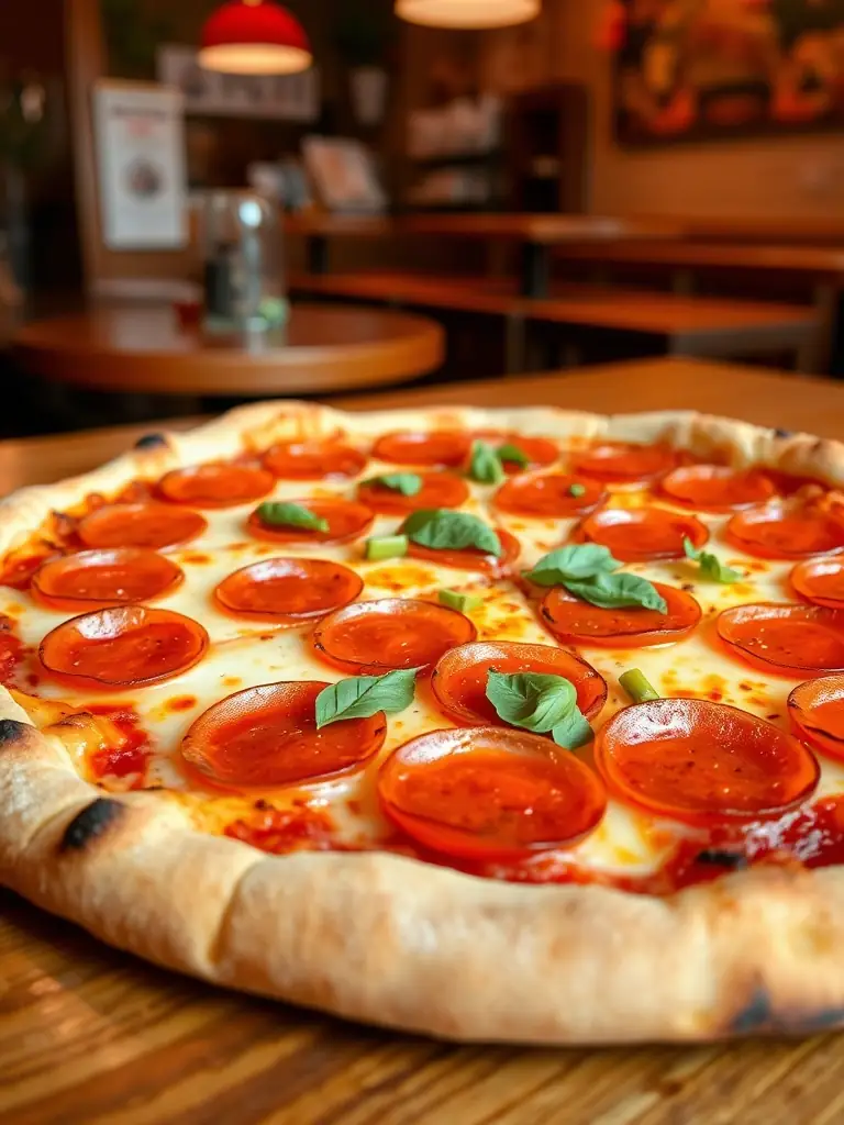 A vibrant, overhead shot of a 'Pepperoni Feast' pizza from Pizza 73, showcasing generous layers of pepperoni, melted mozzarella, and a perfectly baked crust.