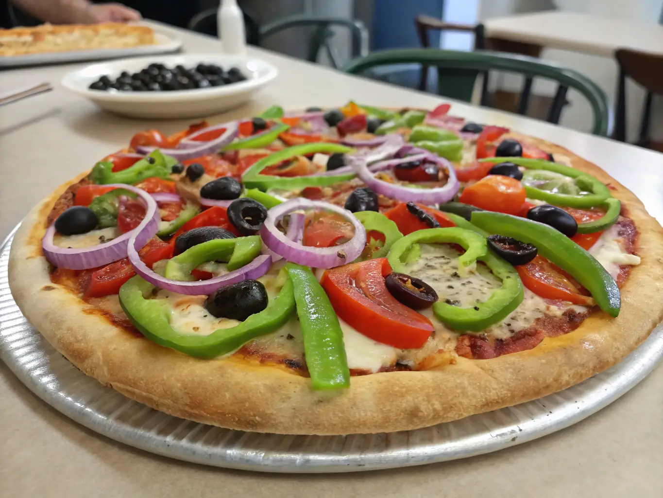 A vibrant vegetarian pizza loaded with fresh vegetables like bell peppers, mushrooms, olives, and spinach, emphasizing its healthy and flavorful appeal.
