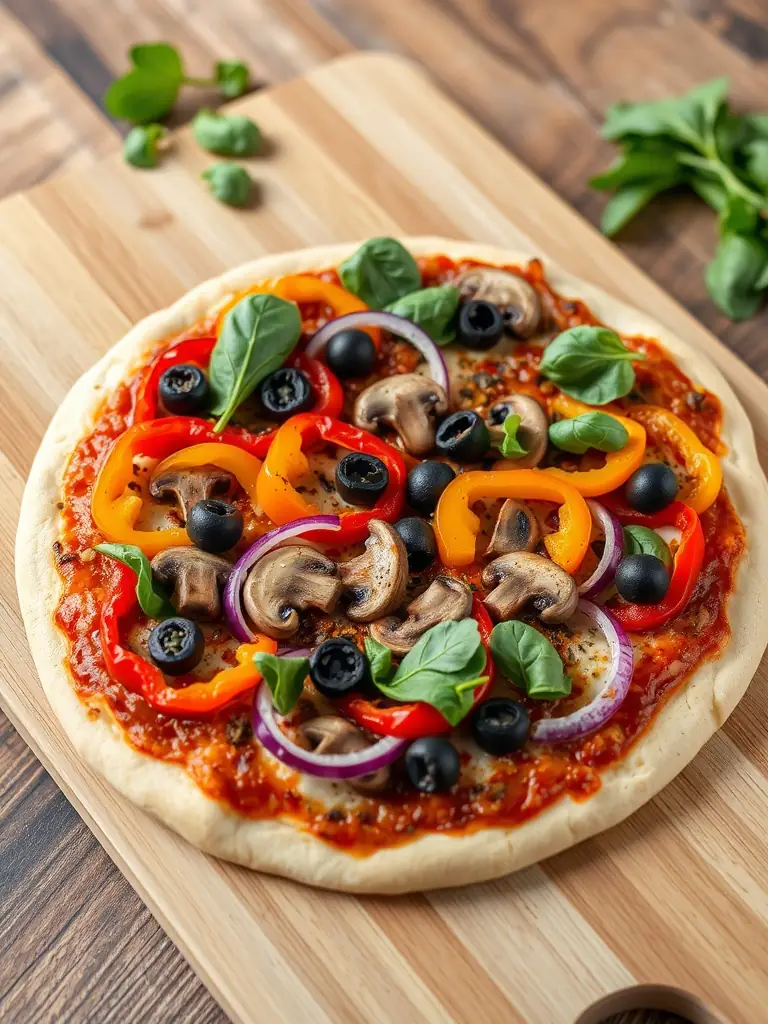 A vibrant image of a vegetarian pizza loaded with colorful vegetables like bell peppers, mushrooms, olives, and onions.