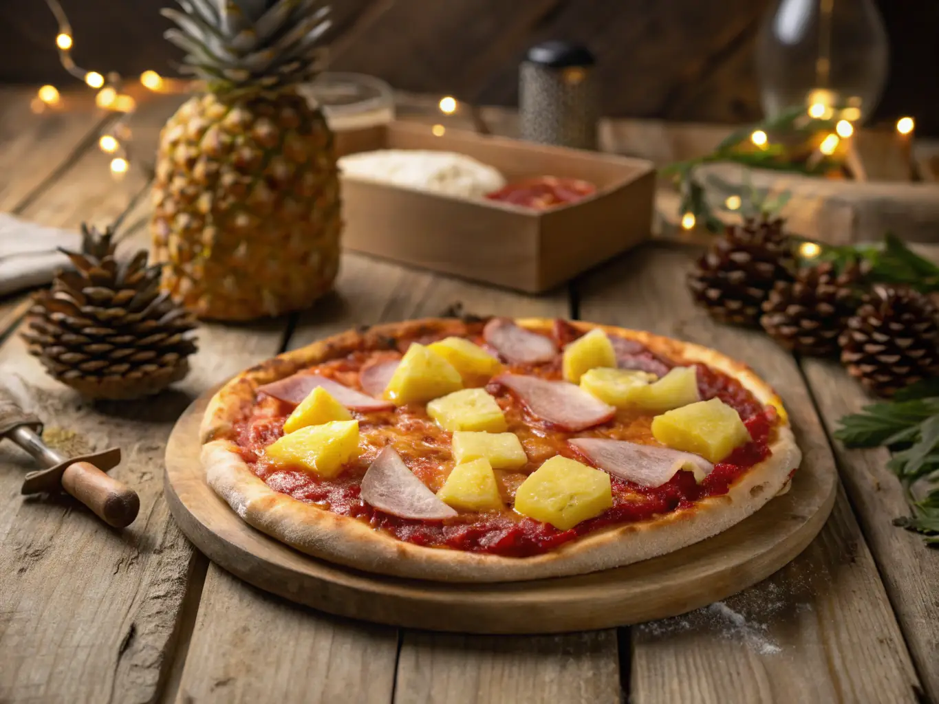 An enticing photo of a Pizza 73 'Spicy Hawaiian' pizza, emphasizing its pineapple, jalapeños, and ham toppings with a tangy sauce.