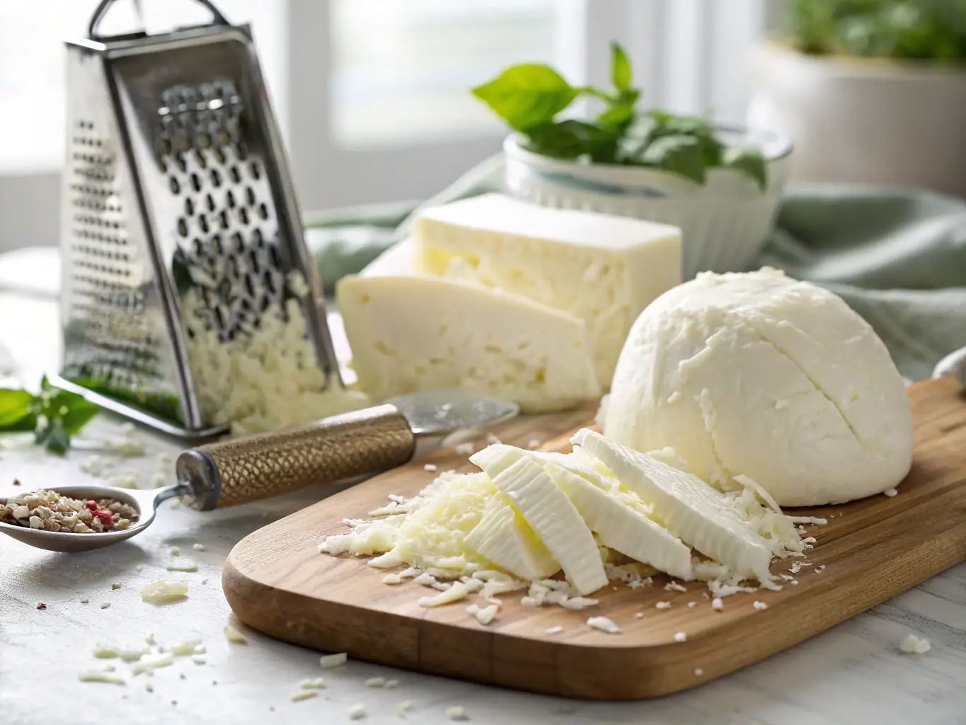A close-up shot of different types of cheeses, such as mozzarella, cheddar, parmesan, and feta, grated and ready to be sprinkled on pizzas at Pizza 73.