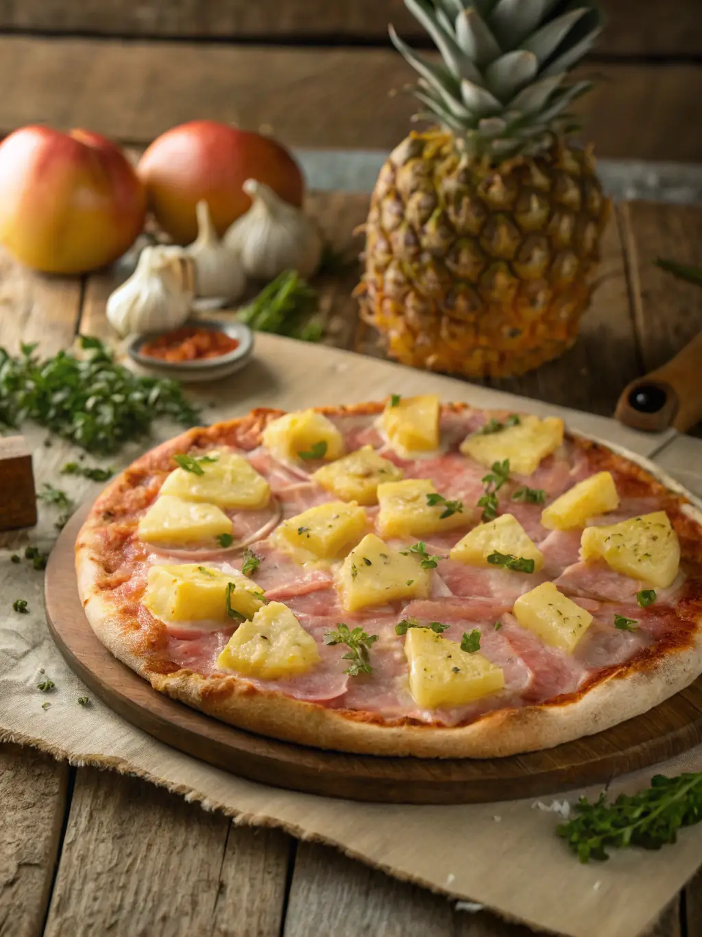 A close-up image of a 'Hawaiian Heat' pizza from Pizza 73, featuring juicy pineapple chunks, crispy bacon, and a spicy jalapeño kick on a tangy tomato sauce base.