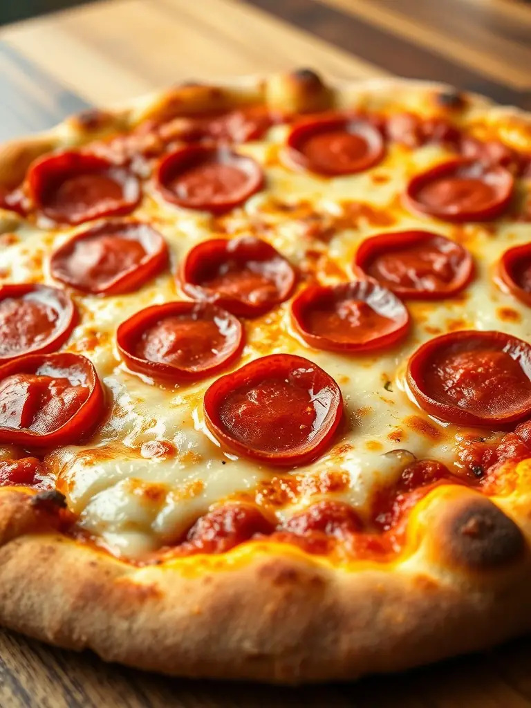 A close-up shot of a classic pepperoni pizza with melted cheese and crispy pepperoni slices, showcasing its deliciousness.